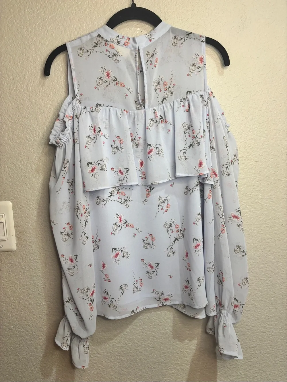Anthropologie Maeve - Pale Blue Floral Cold-Shoulder Ruffle Blouse